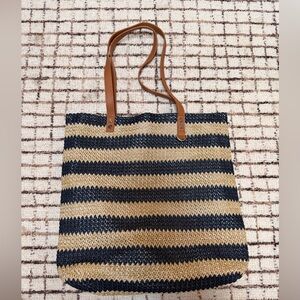 Thirty-One Striped Navy and Natural Straw Tote Bag with Brown Handles